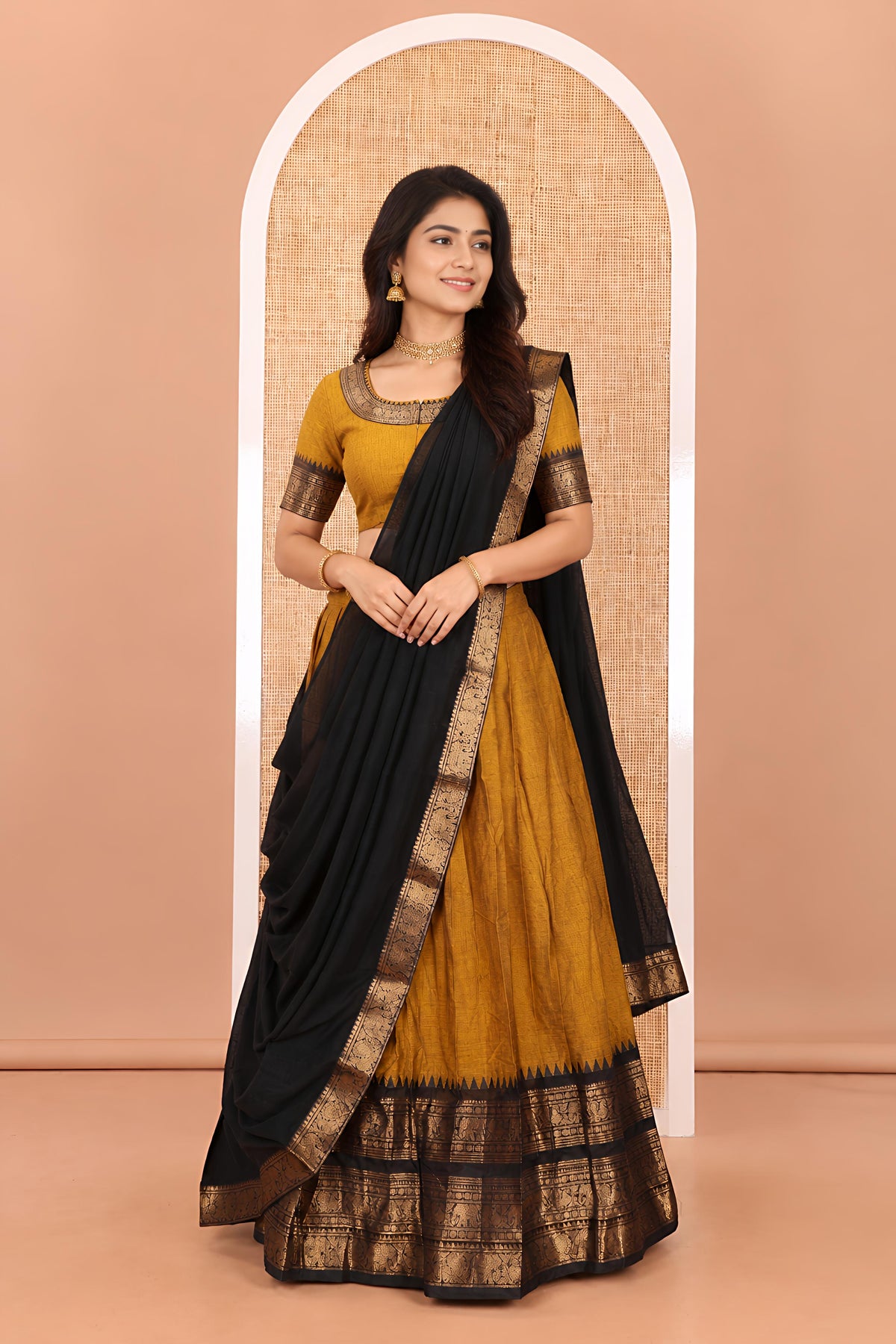 Mustard-Black Chettinad Cotton Half-Saree, Plain Contrast Traditional Temple Zari-Bordered Skirt, Matching Blouse, and a Contrast Dhavani