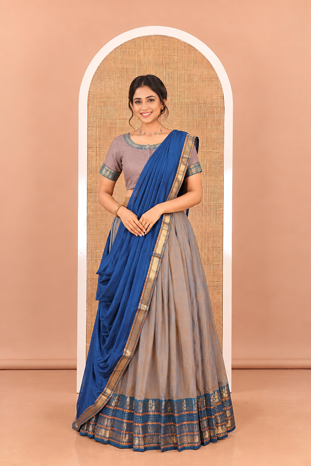 Fawn-Rama Blue Chettinad Cotton Half-Saree, Contrast Traditional Zari Bordered Skirt, Matching Blouse, and a Contrast Dhavani