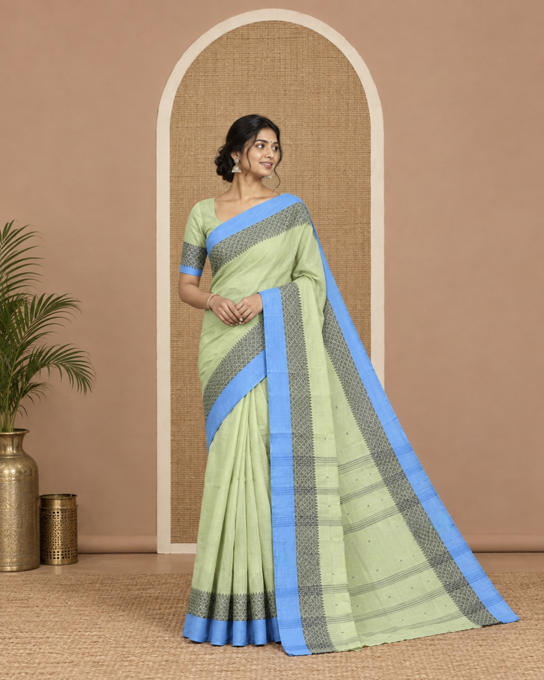 Pista Green Bengal Cotton Saree, Subtly Woven with Thread Buttas, a Contrast Temple and Jaal Border, and a Matching Blouse
