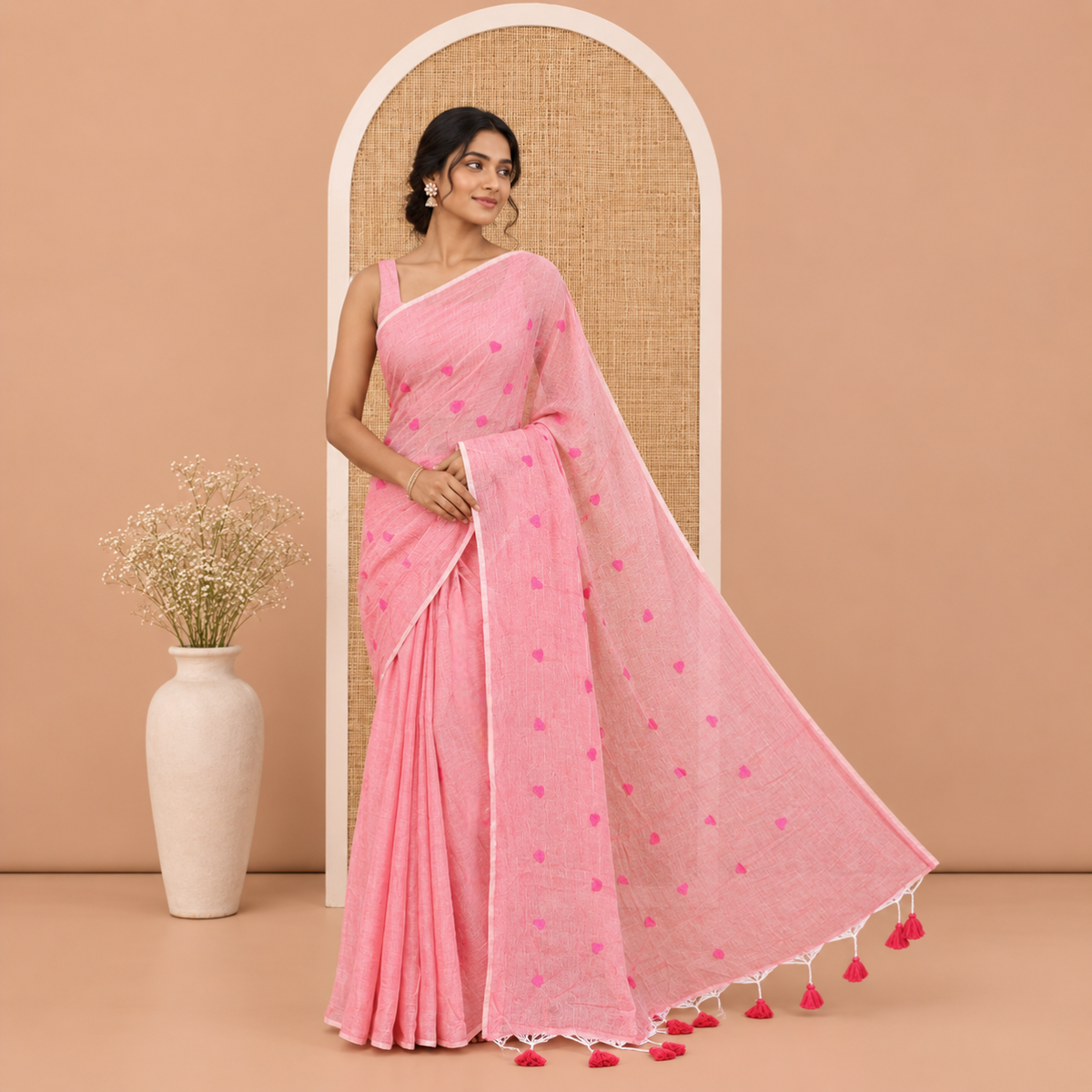 Borderless Baby Pink Mul Cotton Saree, Delicately Woven with Heart Motifs Embroidered All Over Its Body, a Self-Pallu, and Paired with a Matching Blouse