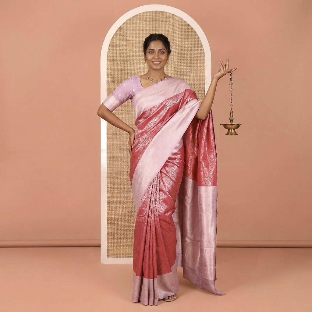 Rani Pink Kanchi Silk Saree Features Floral Jacquard, Contrast Traditional Border, Zari-Weave Pallu, and a Contrast Blouse