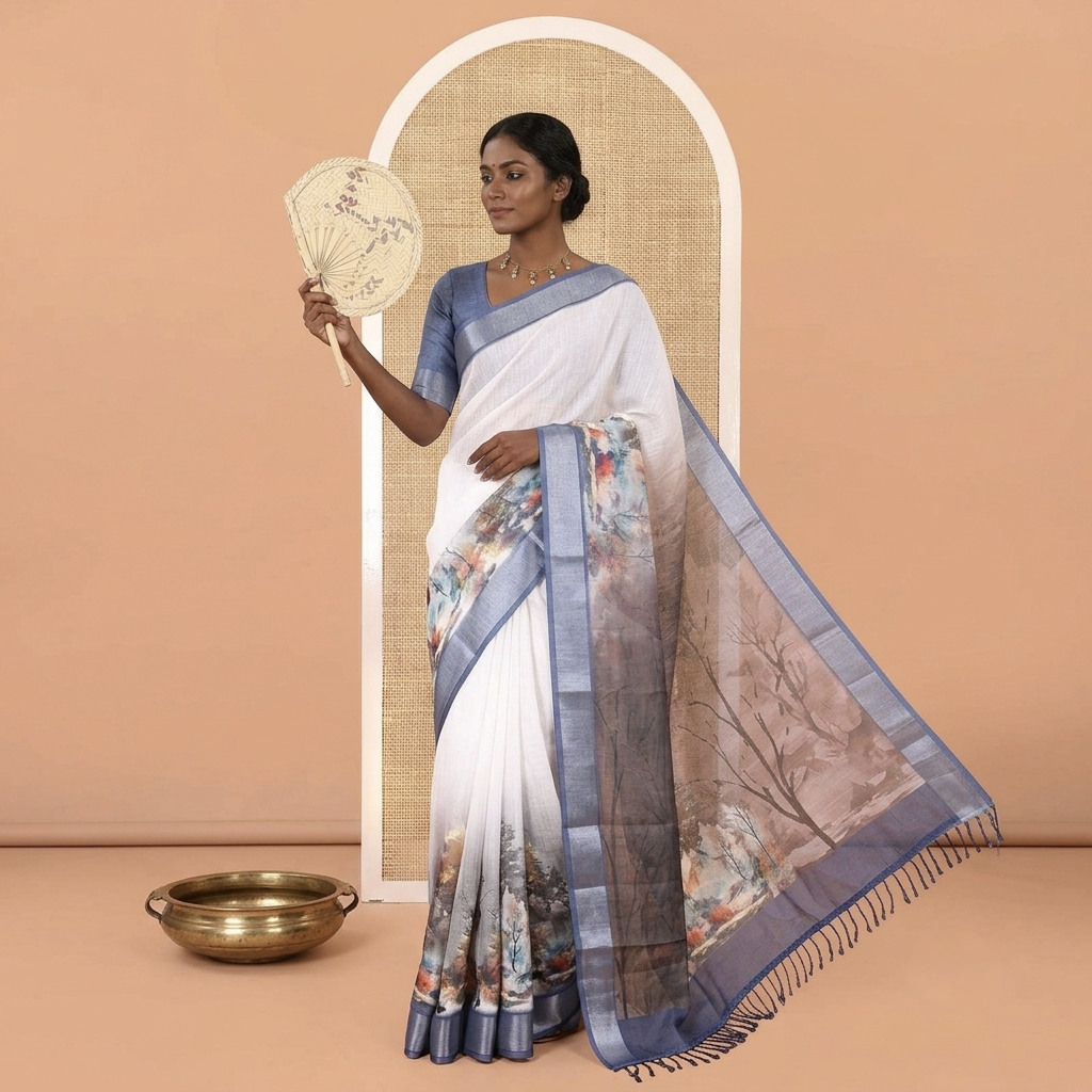 White-Brown Linen Cotton Saree, Meticulously Printed with Nature-Themed Scenery, Contrast Zari Border, and a Contrast Blouse