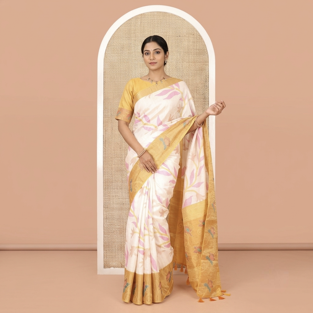 Cream Manipuri Silk Saree, Subtly Sparkled with Pochampally-Style Floral Design on Its Body, Complemented by a Contrast Border of Floral Design, Pallu of Floral Motifs, and Paired with a Contrast Blouse