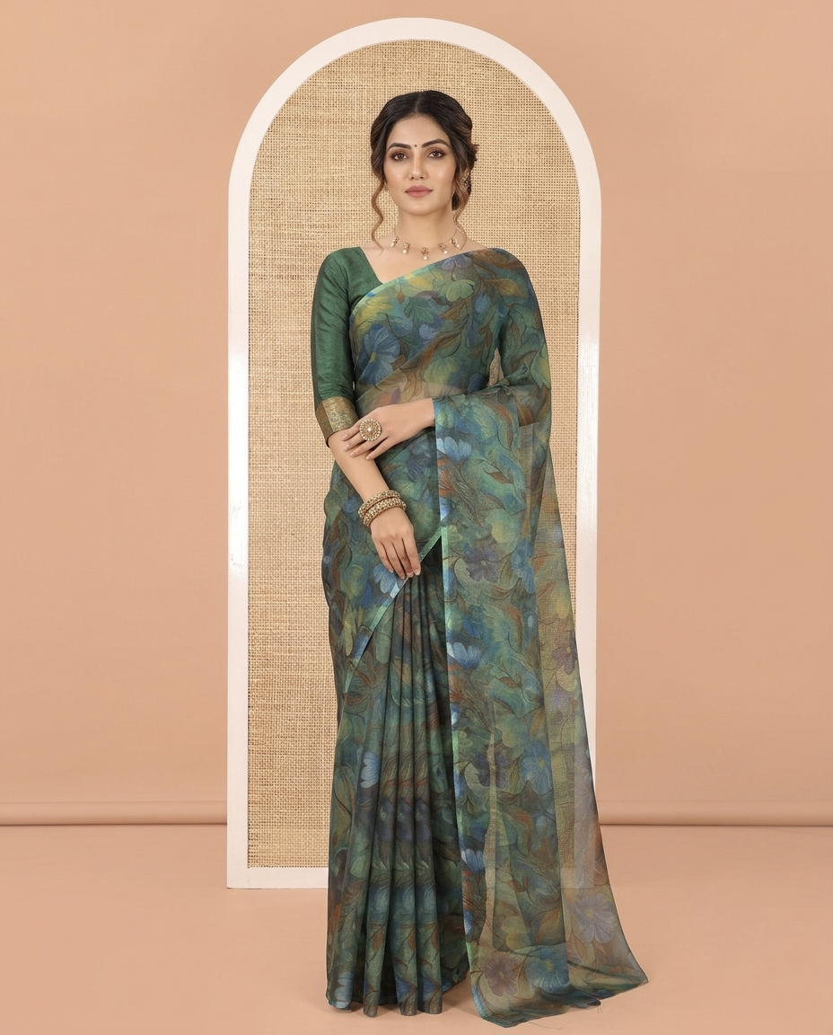 Borderless Rama Light-Weight Chiffon Saree, Beautifully Decked up with Floral Print on Its Body, a Self-Pallu, and Comes Without a Blouse