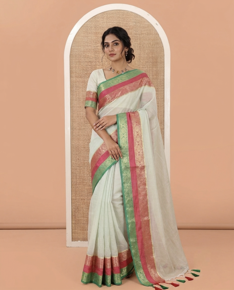Cream Plain Khadi Mul Cotton Saree, Complemented by a Contrast Rettai Pettu Traditional Zari Design Border of Chakram Motifs, a Self-Pallu, and Paired with a Matching Blouse