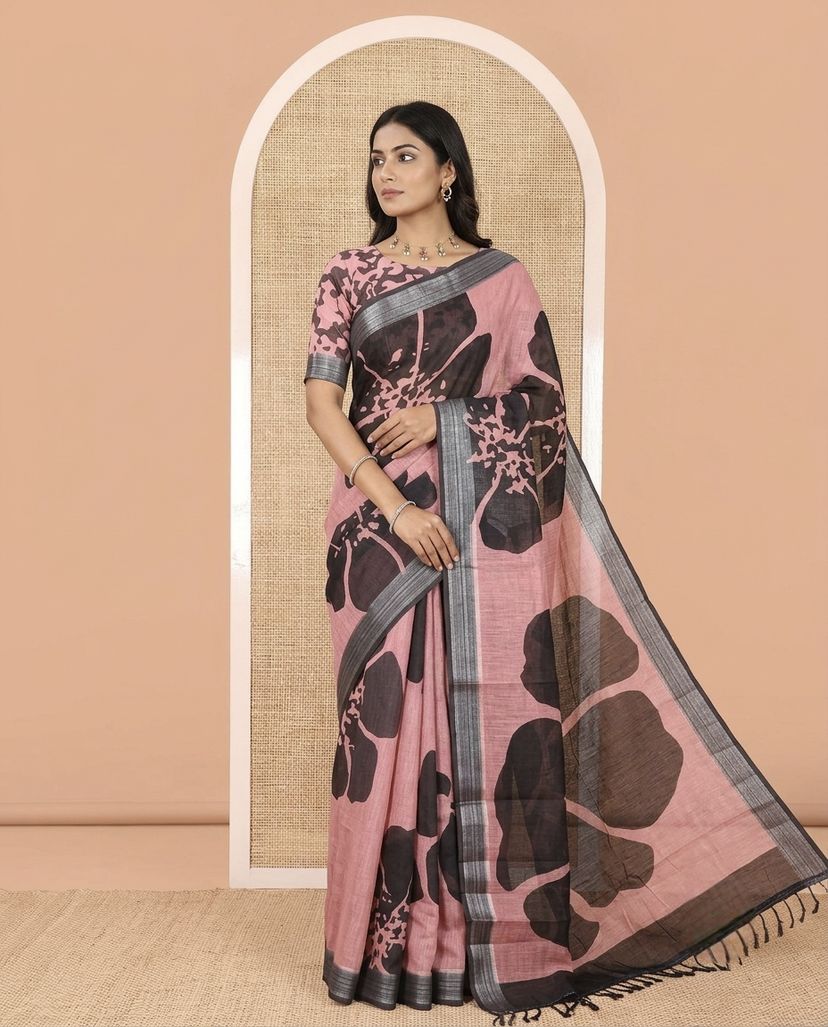 Pink Linen Cotton Saree, Prettified with Big Floral Motifs Printed on Its Body, Complemented by Contrast Border, Pallu of Floral Hand Block Print, and Paired with a Matching Blouse