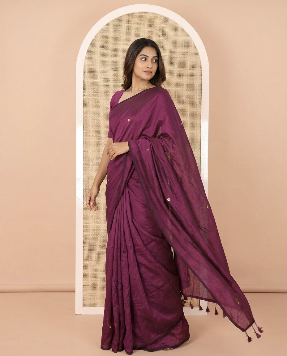 Borderless Wine Vichitra Silk Saree, Gleamed Up with Sequin Work on Its Body, Highlighted by a Self-Pallu of Sequin Work, and Paired with a Matching Blouse