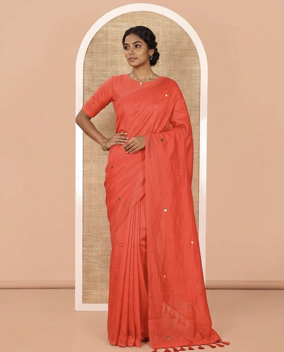 Borderless Red Vichitra Silk Saree, Gleamed Up with Sequin Work on Its Body, Highlighted by a Self-Pallu of Sequin Work, and Paired with a Matching Blouse