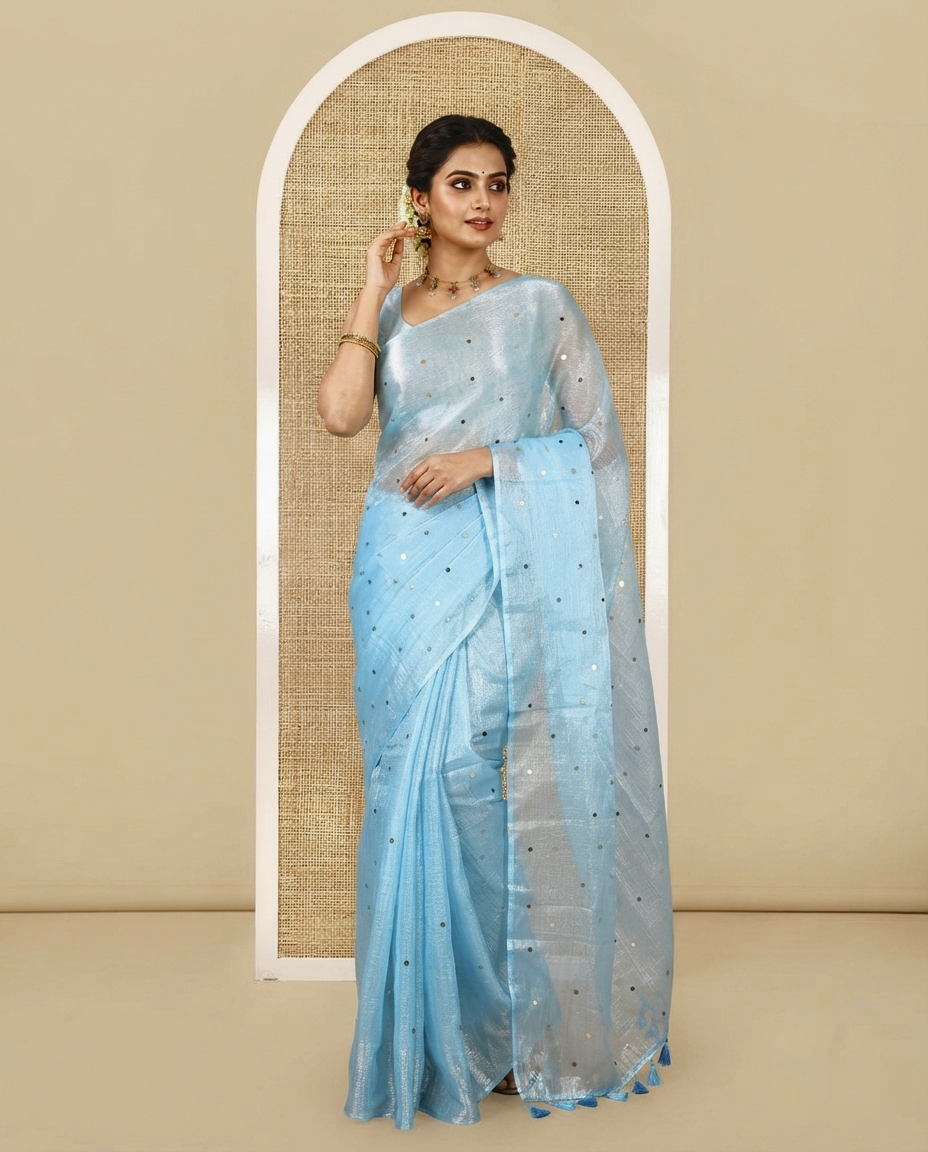 Borderless Sky Blue Fendy Chiffon Saree, Gleamed Up with Sequin Work on Its Body, Highlighted by a Self-Pallu of Sequin Work, and Paired with a Matching Blouse