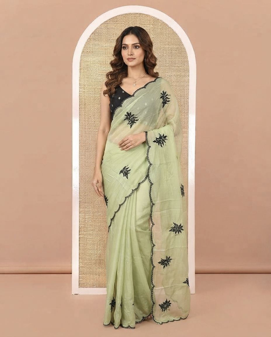 Green Rangoli Chiffon Saree, Finely Crafted with Floral Embroidery Motifs on Its Body, Scallop Embroidered Border, Embroidered Pallu, and Paired with a Contrast Blouse