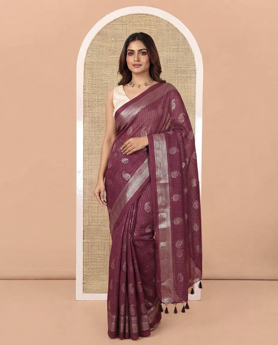 Purple Vichitra Silk Saree Features Checks and Paisley Buttas, Highlighted by a Traditional Zari Border and Contrast Embroidered Blouse