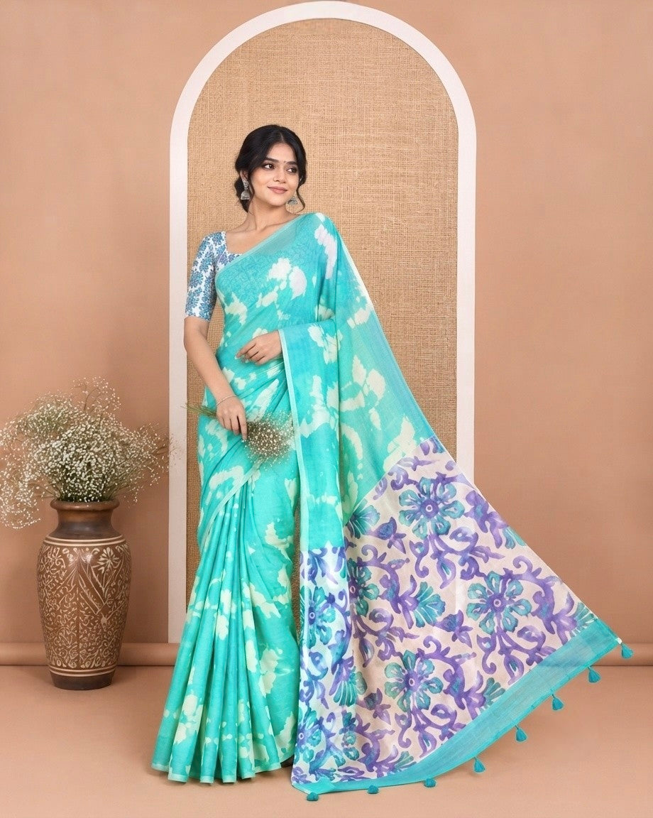 Borderless Rama Linen Cotton Saree, Embellished with Shibori Printed on Its Body, Complemented by Contrast Floral Printed Pallu, and Paired with a Contrast Floral Printed Blouse
