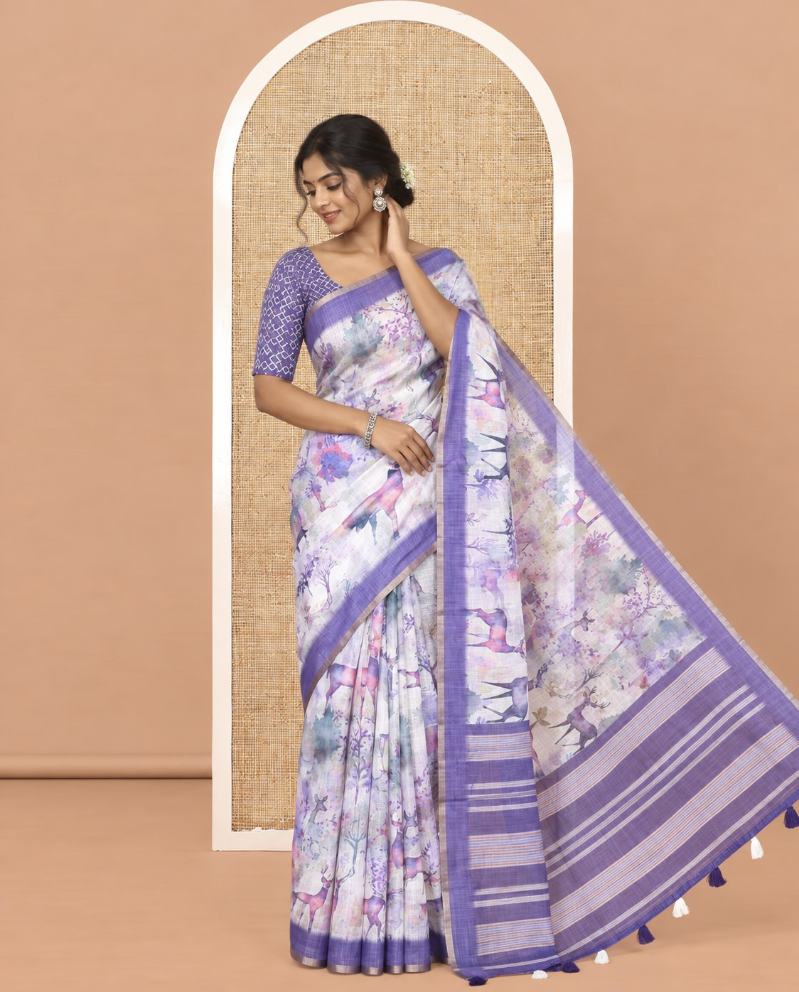 Violet Linen Cotton Saree, Bedecked with Floral and Deer Motifs Print, a Contrast Border, Striped Pallu, Contrast Blouse