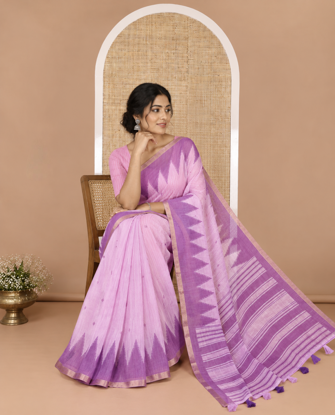 Baby pink small thread buttas linen cotton saree, contrast temple zari piping border, striped pallu and a contrast blouse