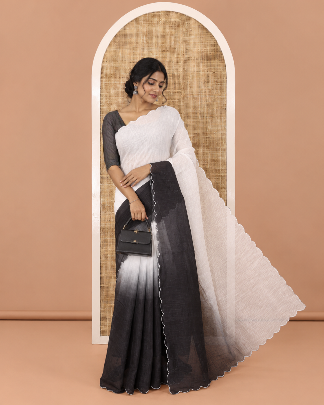Black and White Ombre Dyed Linen Cotton Saree, Subtle Scallop Border, Paired with a Face Printed Blouse