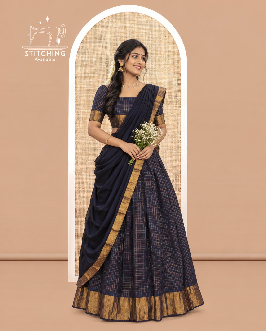 Navy Blue Sungudi Cotton Half-Saree