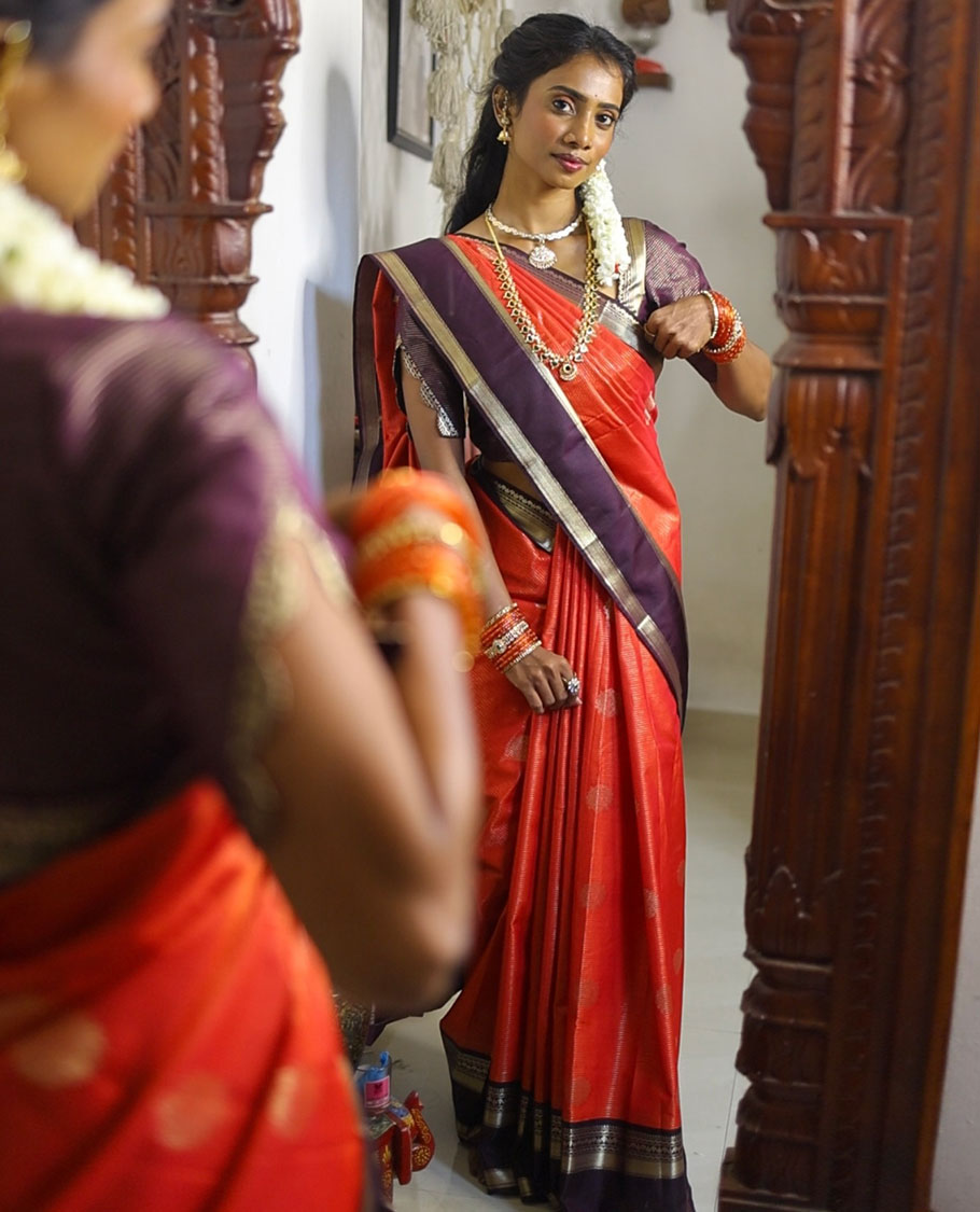 Orange-Brown Zari Design Budget Silk Saree,Contrast Rettai Pettu Border, and Contrast Blouse