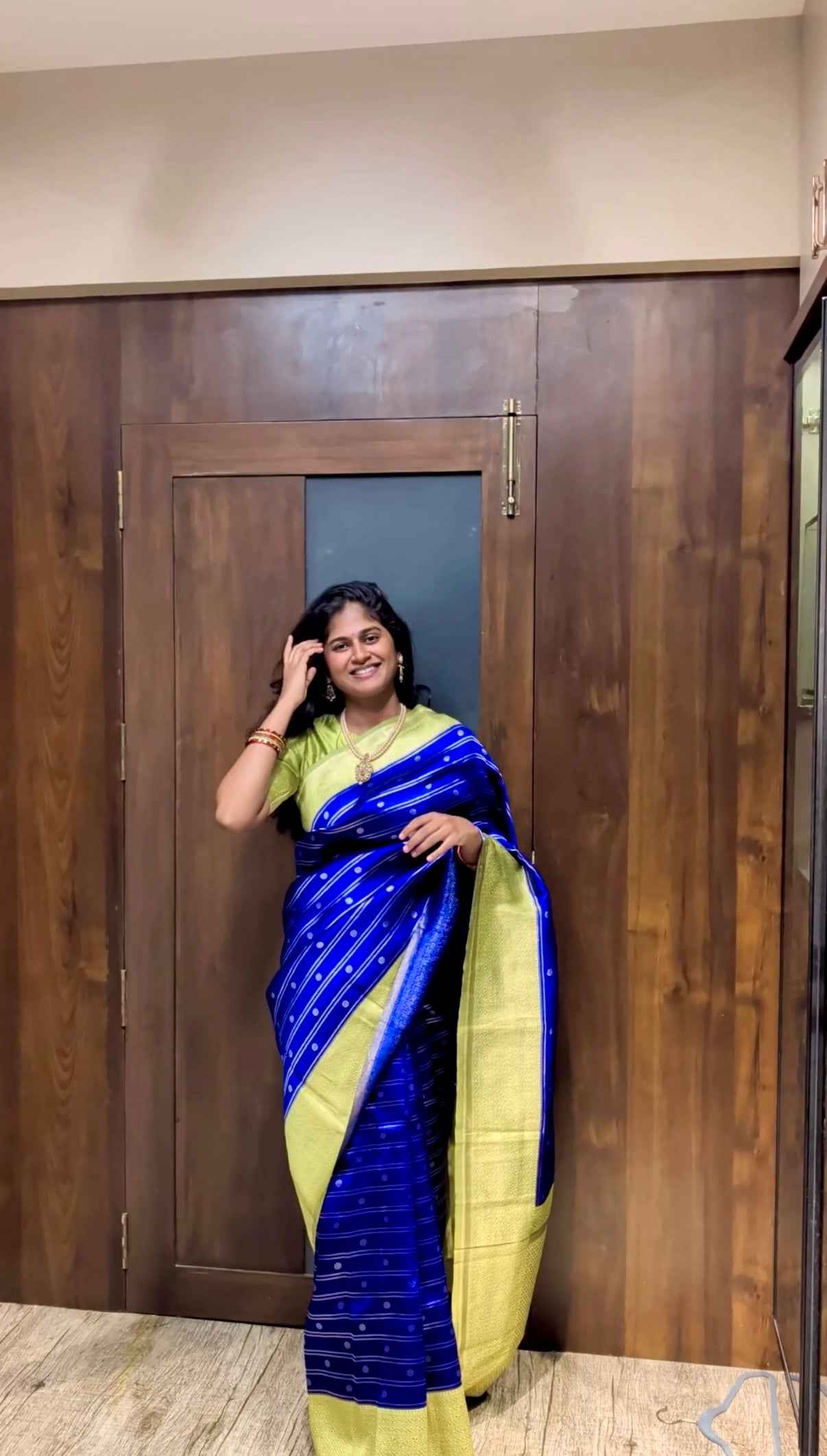 Royal Blue Semi-Kanchi Silk Saree with Zari Buttas and Stripes, a Contrast Traditional Zari Border, Jaal Pallu, and a Contrast Blouse