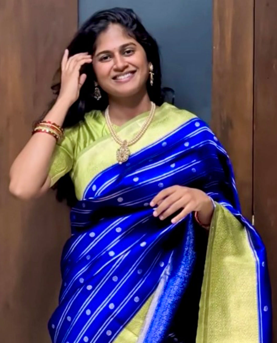 Royal Blue Semi-Kanchi Silk Saree with Zari Buttas and Stripes, a Contrast Traditional Zari Border, Jaal Pallu, and a Contrast Blouse
