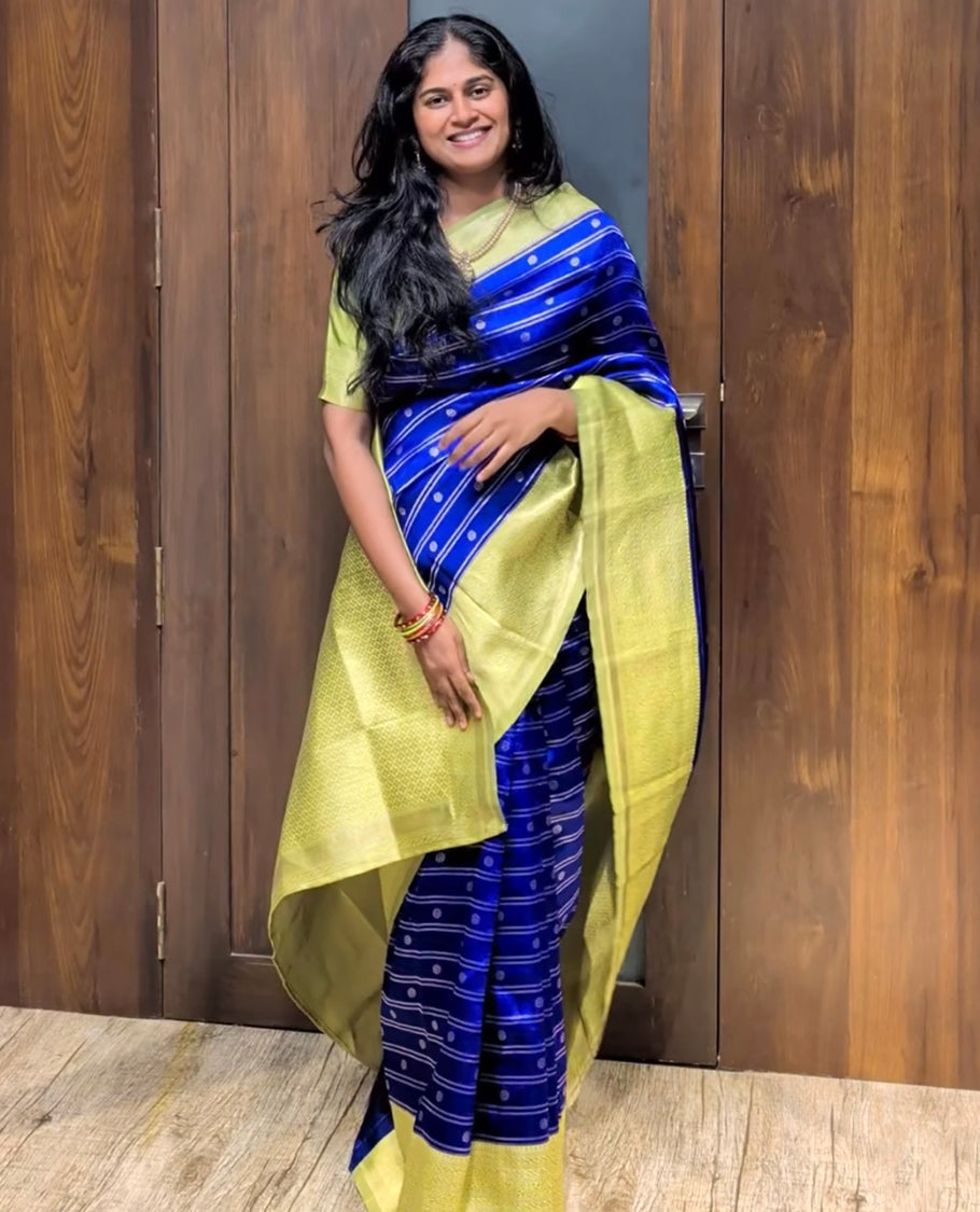 Royal Blue Semi-Kanchi Silk Saree with Zari Buttas and Stripes, a Contrast Traditional Zari Border, Jaal Pallu, and a Contrast Blouse