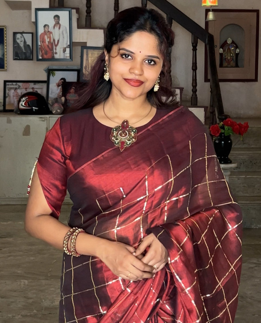 Borderless maroon sequins embroidered checked khadi tissue saree, self-pallu, and a plain matching blouse
