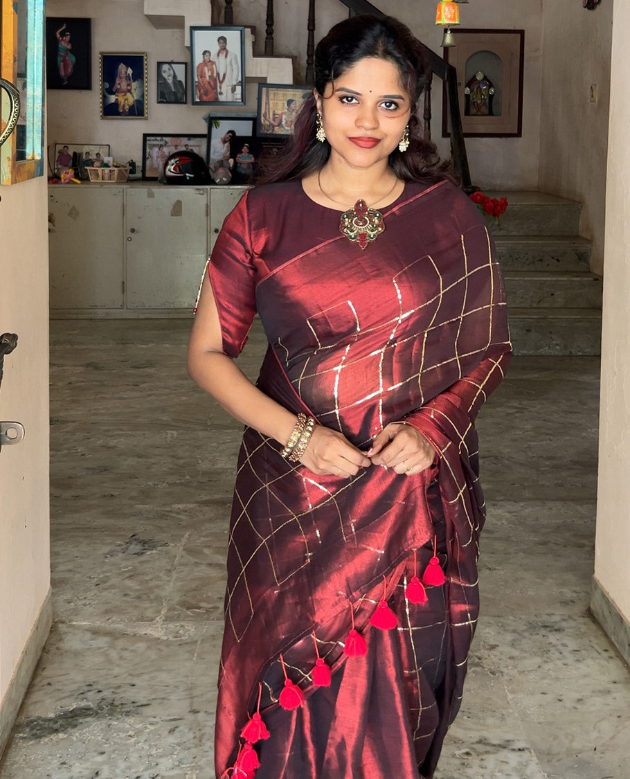 Borderless maroon sequins embroidered checked khadi tissue saree, self-pallu, and a plain matching blouse
