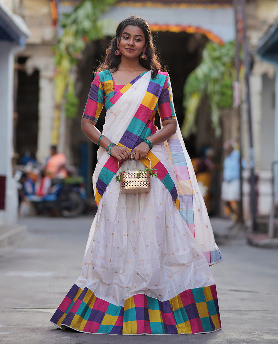 Cream Banarasi Silk Half-Saree Buttas Skirt, Contrast Madras Checked Blouse, and a Matching Dhavani