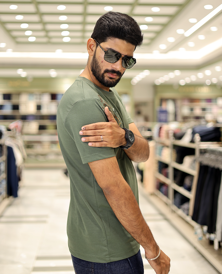 Green Cotton-Blended T-Shirt Comes with Floral-Theme Embroidered Motifs, Half-Sleeves, a Crew Neck, a Slim Fit, and Regular Length