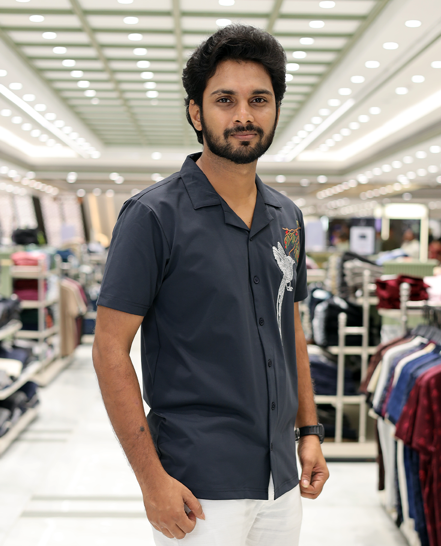 Grey Cotton-Blended Casual Shirt Comes with Humming Bird Motifs, Knitted Embroidery, Cuban Collar, Half Sleeves, Boxy Fit, and Regular Length