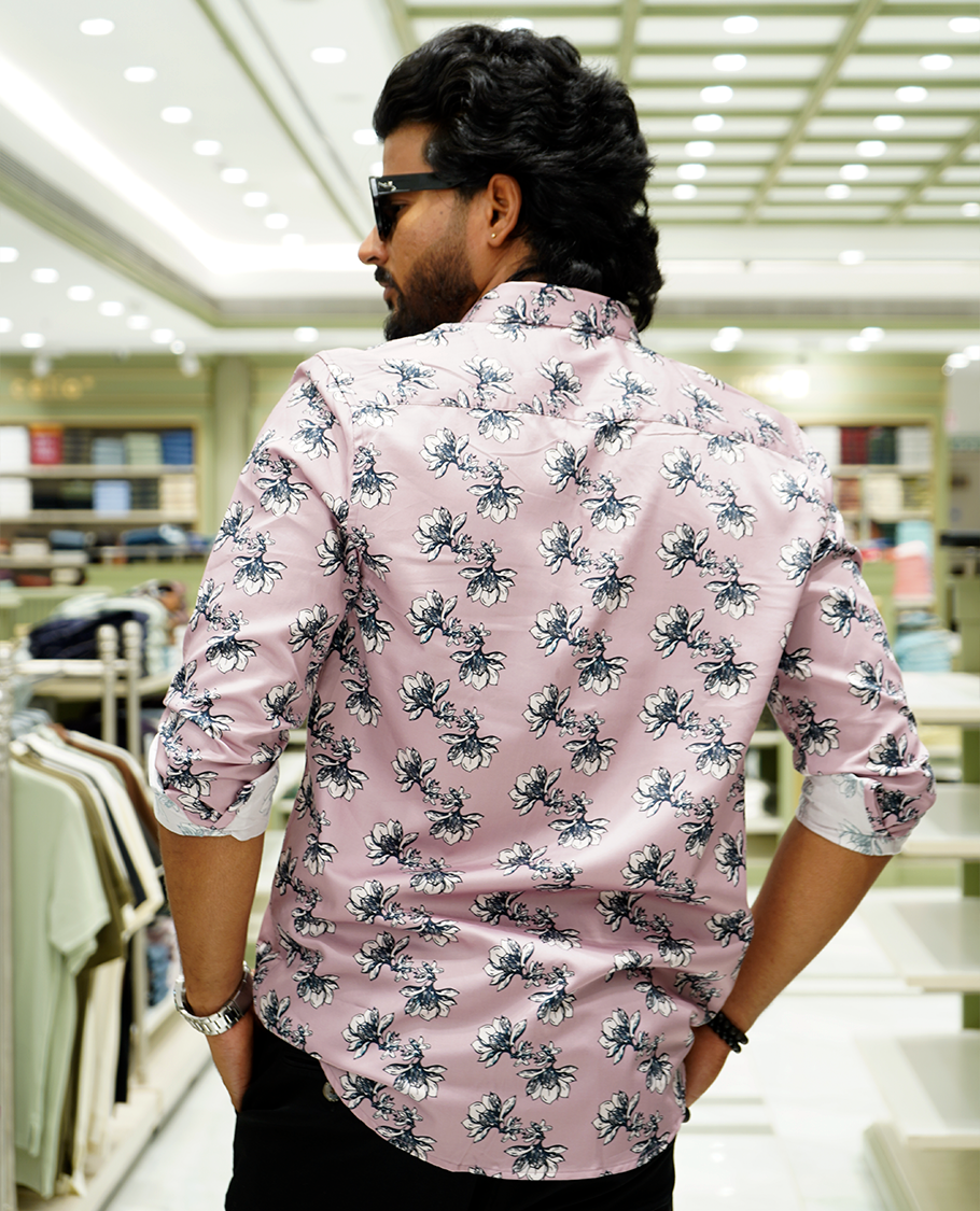 Pink Cotton-Blended Casual Shirt Features Floral Print, a Spread Collar, Full Sleeves, a Slim Fit, and Regular Length