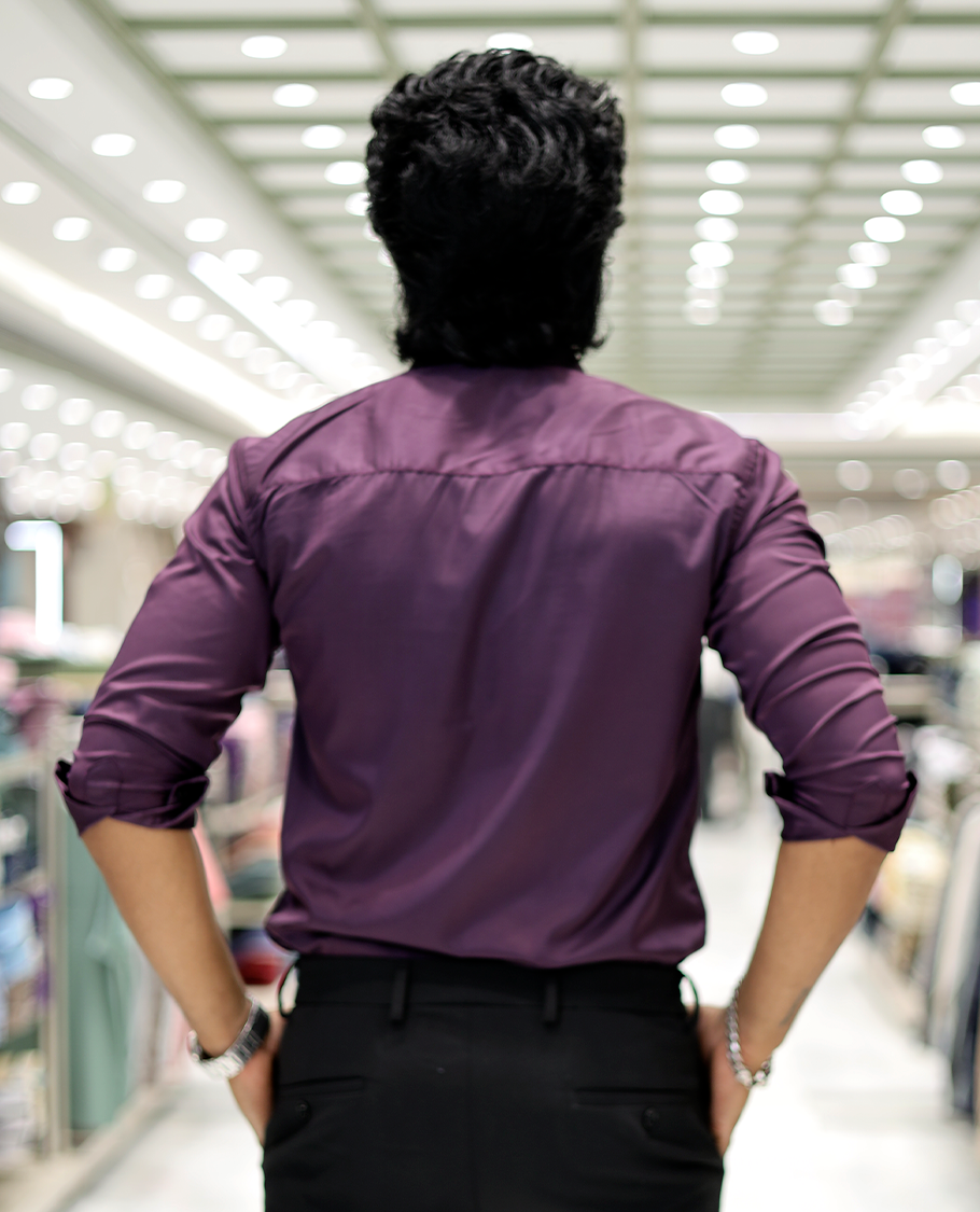 Purple Poly-Blended Party-Wear Shirt Features Stonework, a Full Sleeve, a Spread Collar, a Slim Fit, and Regular Length