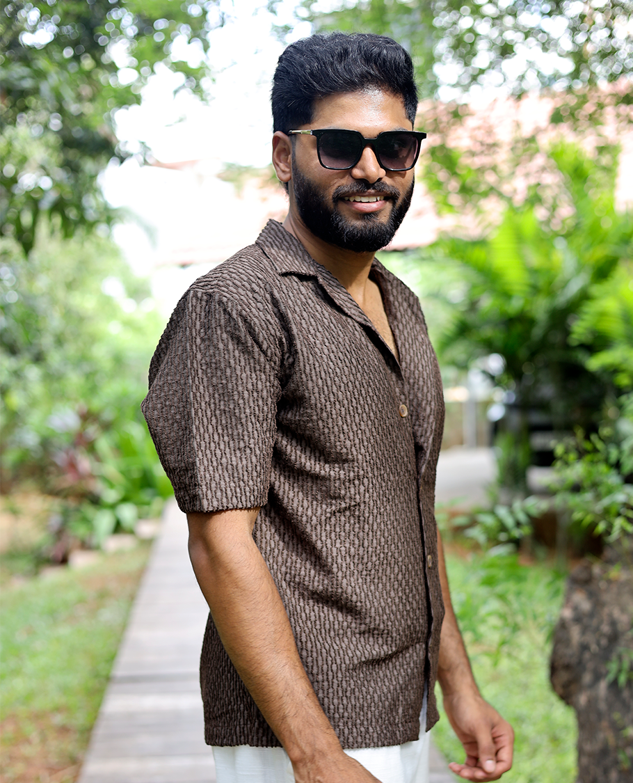 Brown Textured Cotton-Blended Casual Shirt Features Half Sleeves, a Regular Fit, a Spread Collar, and Regular Length