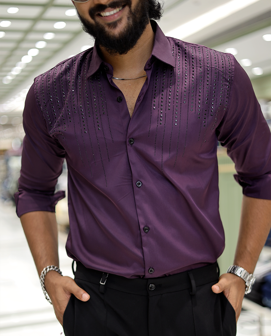 Purple Poly-Blended Party-Wear Shirt Features Stonework, a Full Sleeve, a Spread Collar, a Slim Fit, and Regular Length
