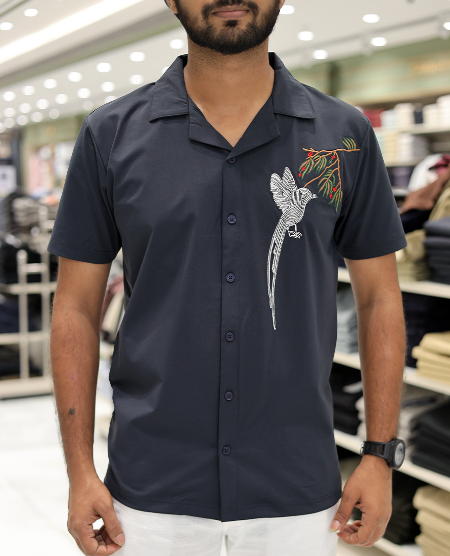 Grey Cotton-Blended Casual Shirt Comes with Humming Bird Motifs, Knitted Embroidery, Cuban Collar, Half Sleeves, Boxy Fit, and Regular Length