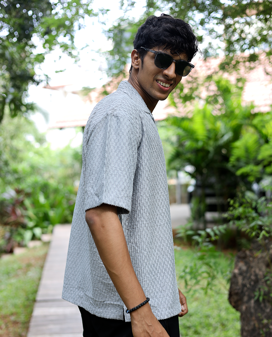 Dark Grey Textured Cotton-Blended Casual Shirt Features Half Sleeves, a Regular Fit, a Cuban Collar, and Regular Length