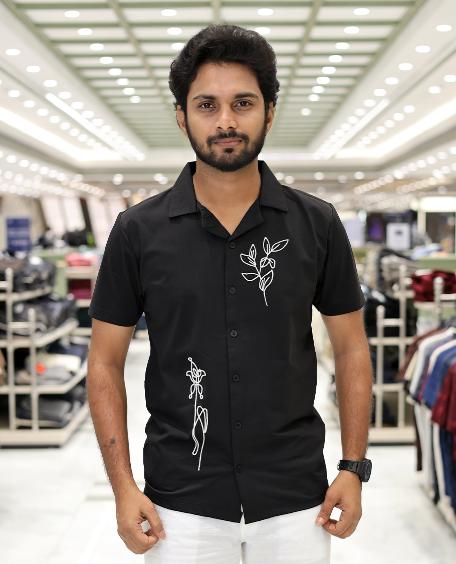 Black Cotton-Blended Casual Shirt Comes with Leaf Motifs Outline Knitted Embroidery, Cuban Collar, Half Sleeves, Boxy Fit, and Regular Length