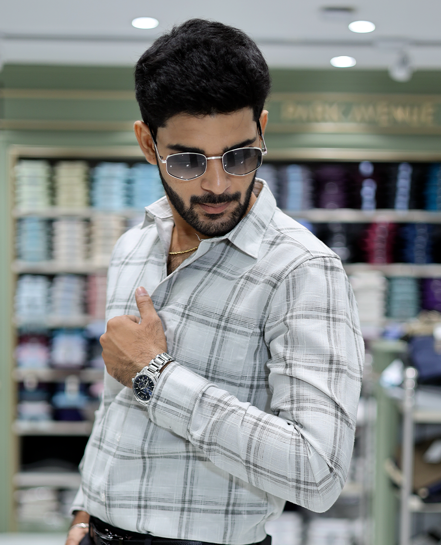 Light Grey Checked Cotton Casual Shirt