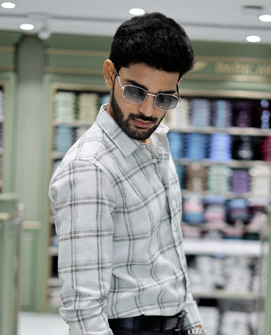 Light Grey Checked Cotton Casual Shirt