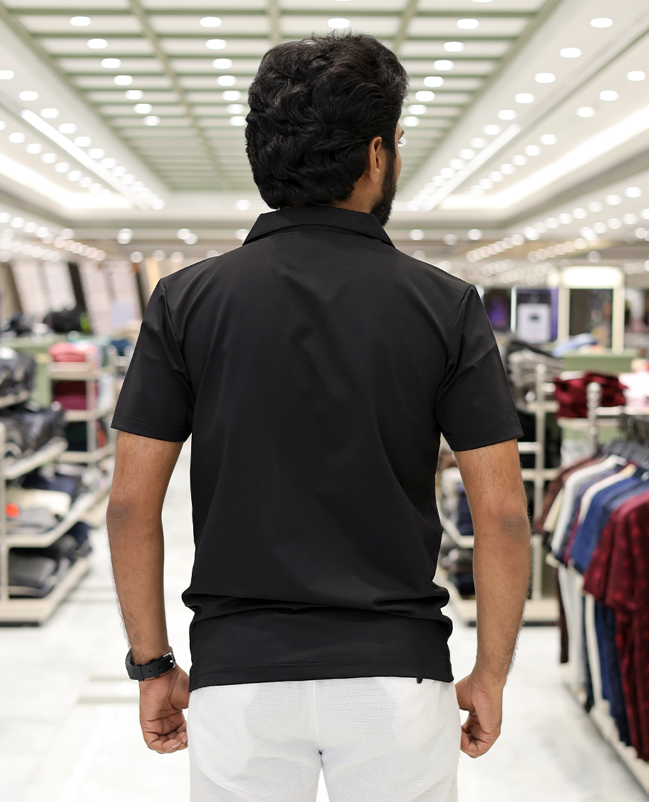 Black Cotton-Blended Casual Shirt Comes with Leaf Motifs Outline Knitted Embroidery, Cuban Collar, Half Sleeves, Boxy Fit, and Regular Length