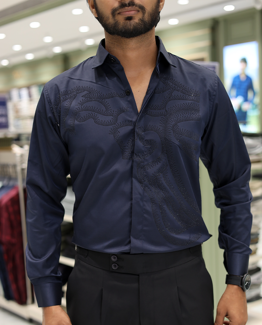 Navy Blue Poly-Blended Party Wear Shirt, Features Vines-Themed Stone Work, Full Sleeves, a Spread Collar, Slim Fit, and Regular Length