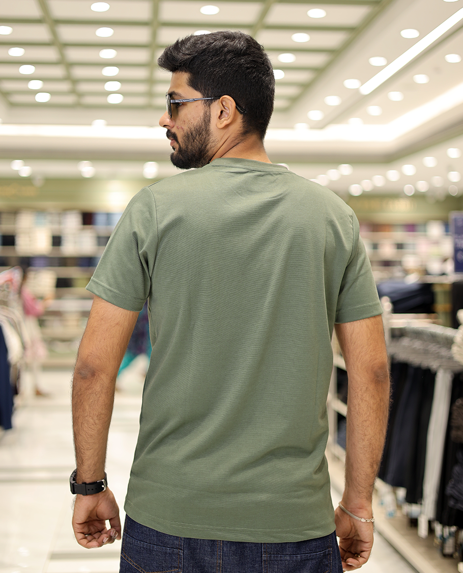 Green Cotton-Blended T-Shirt Comes with Floral-Theme Embroidered Motifs, Half-Sleeves, a Crew Neck, a Slim Fit, and Regular Length