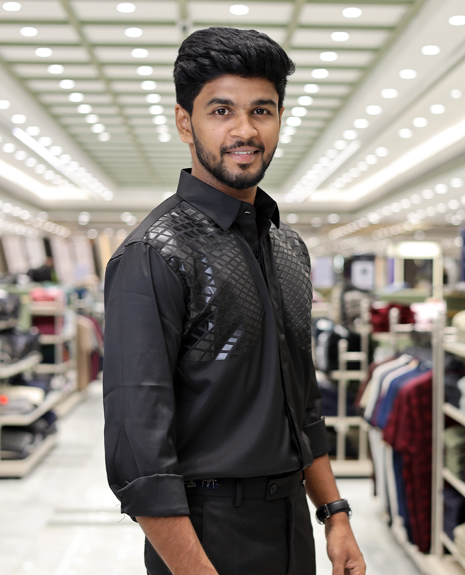 Black Poly-Blended Party Wear Shirt, Features Geometric Flock Print, Full Sleeves, Spread Collar, Slim Fit, and Regular Length