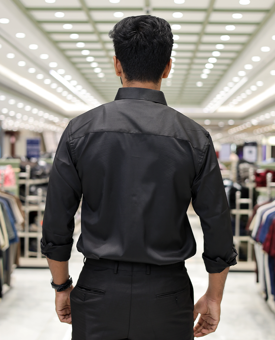 Black Poly-Blended Party Wear Shirt, Features Geometric Flock Print, Full Sleeves, Spread Collar, Slim Fit, and Regular Length