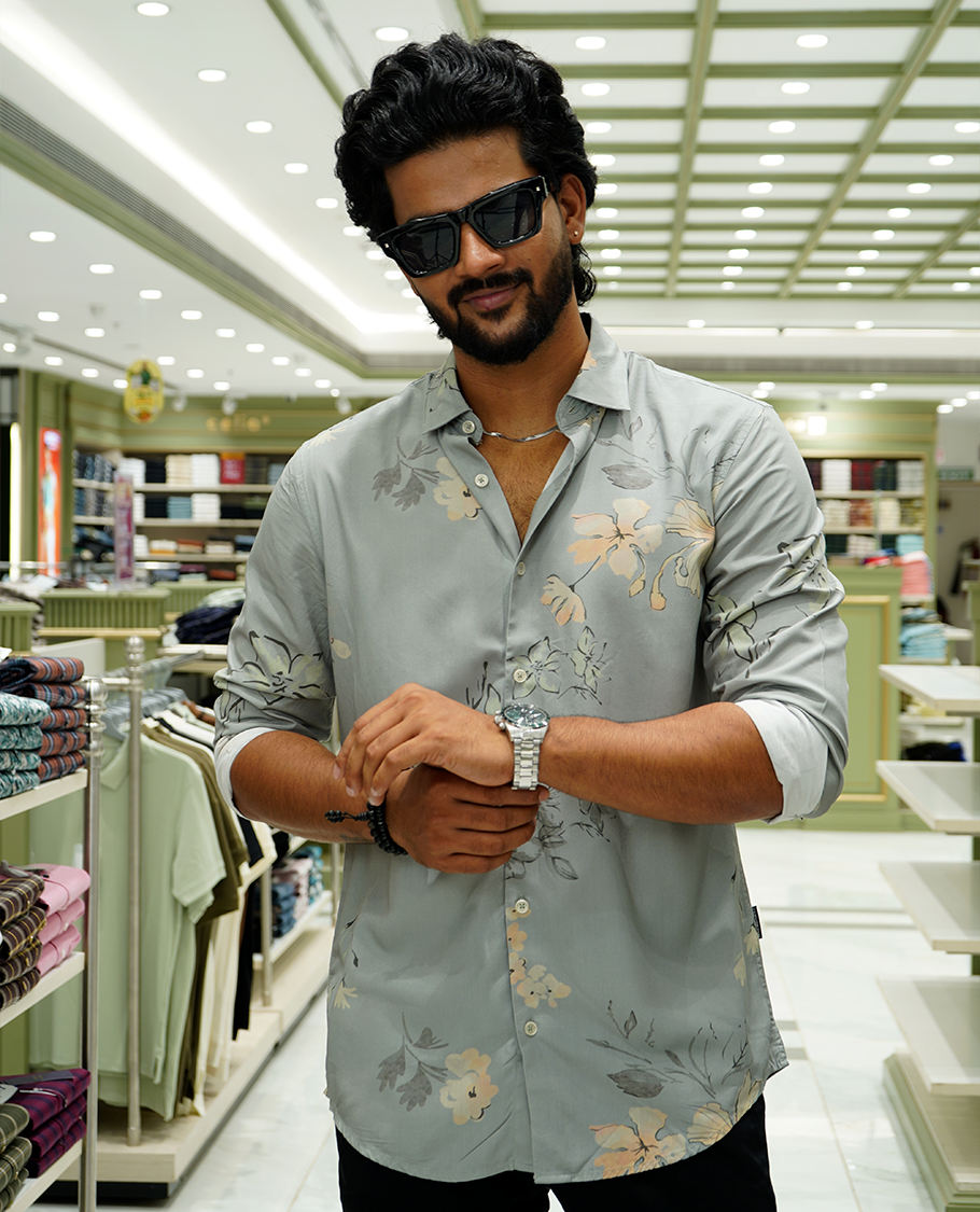 Grey Cotton-Blended Casual Shirt Features Tropical Floral Print, a Spread Collar, Full Sleeves, a Slim Fit, and Regular Length
