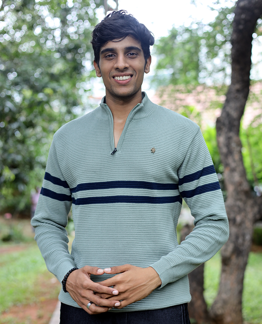 Green Striped Cotton-Blended T-Shirt Features Full Sleeves, a Slim Fit, a High Crew Neck, and a Regular Length