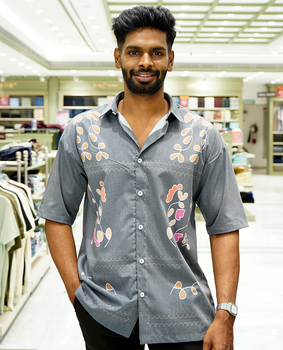 Dark Grey Cotton-Blended Casual Shirt Features Floral Print, Full Sleeves, a Spread Collar, a Slim Fit, and a Regular Length