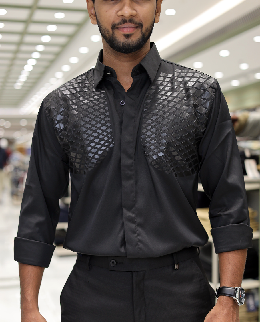 Black Poly-Blended Party Wear Shirt, Features Geometric Flock Print, Full Sleeves, Spread Collar, Slim Fit, and Regular Length
