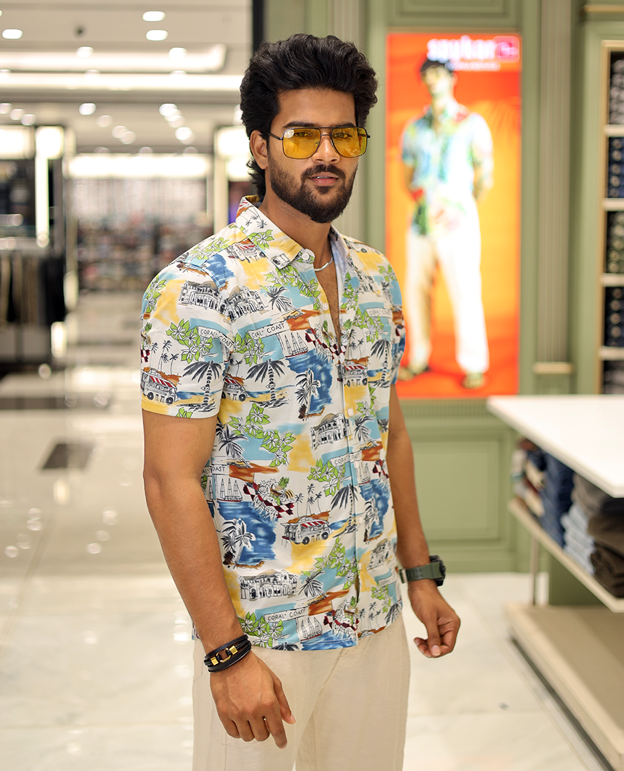 Multi-Color Cotton-Blended Casual Shirt, Showcasing Beach-Themed Print, Half-Sleeves, Spread Collar, Regular Fit, and Regular Length