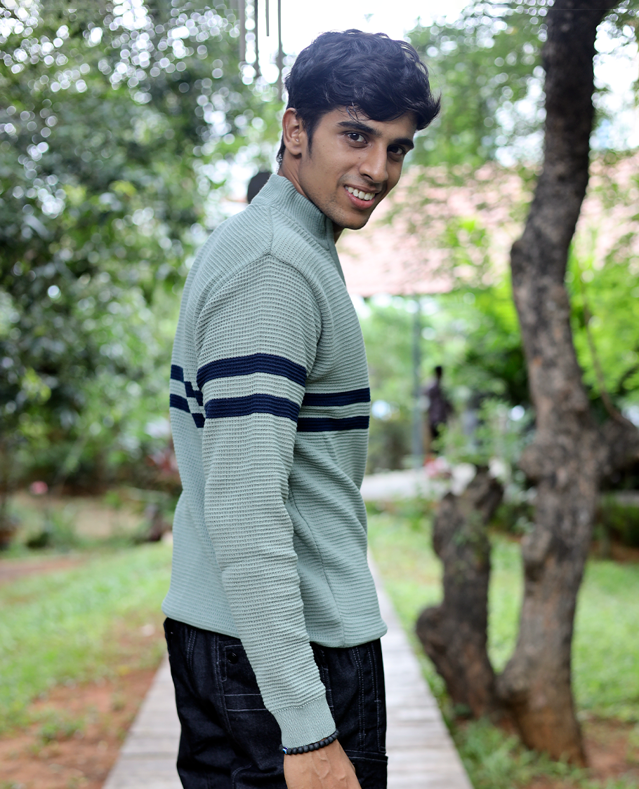 Green Striped Cotton-Blended T-Shirt Features Full Sleeves, a Slim Fit, a High Crew Neck, and a Regular Length
