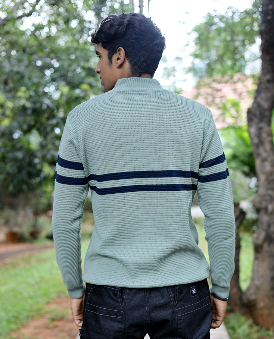 Green Striped Cotton-Blended T-Shirt Features Full Sleeves, a Slim Fit, a High Crew Neck, and a Regular Length
